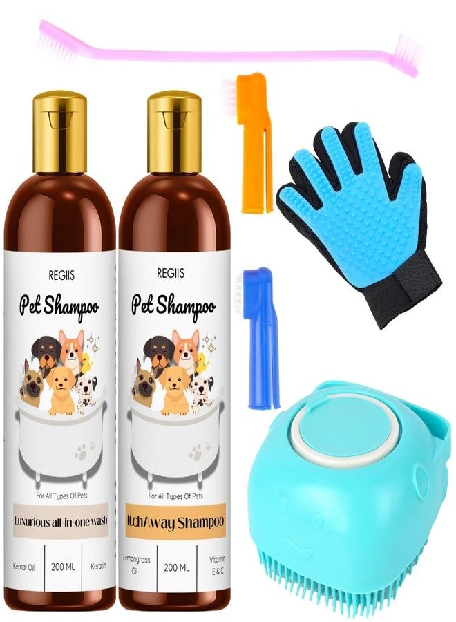 Regiis Pet Shampoo Set with Grooming Tools, 200ml Bottles, All-in-One Wash and Itch Away Formula, Includes Glove Brush and Bath Scrubber(Pack of 5) - Image 1